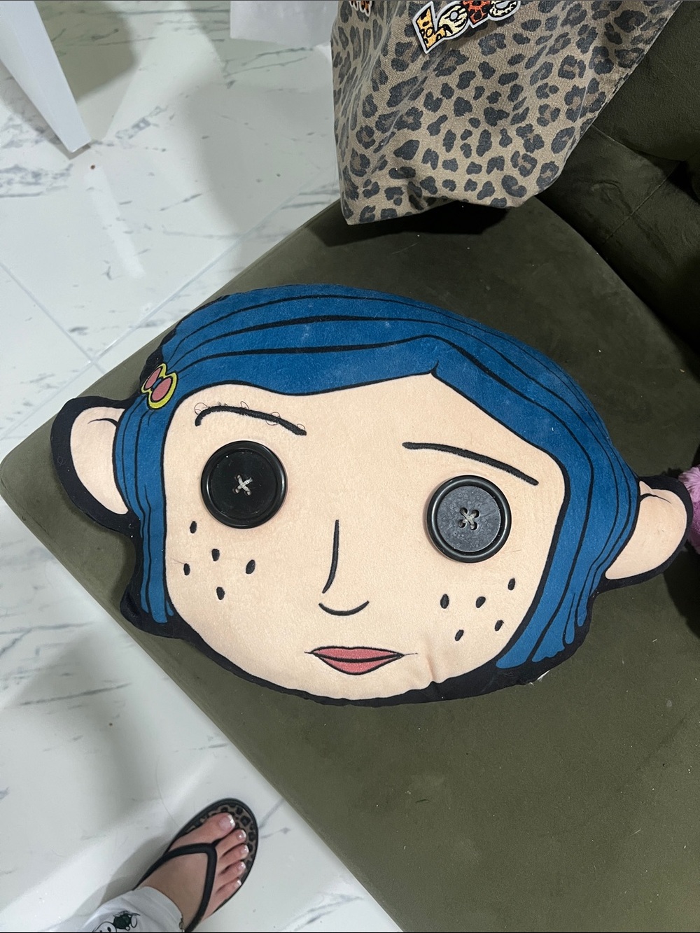Blue-Haired Coral-Inspired Decorative Pillow - Button Eye Accent